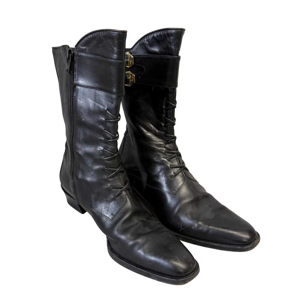 Via Spiga Boots Womens Size 7.5 Black Leather Lace Up Mid Calf Riding Italy